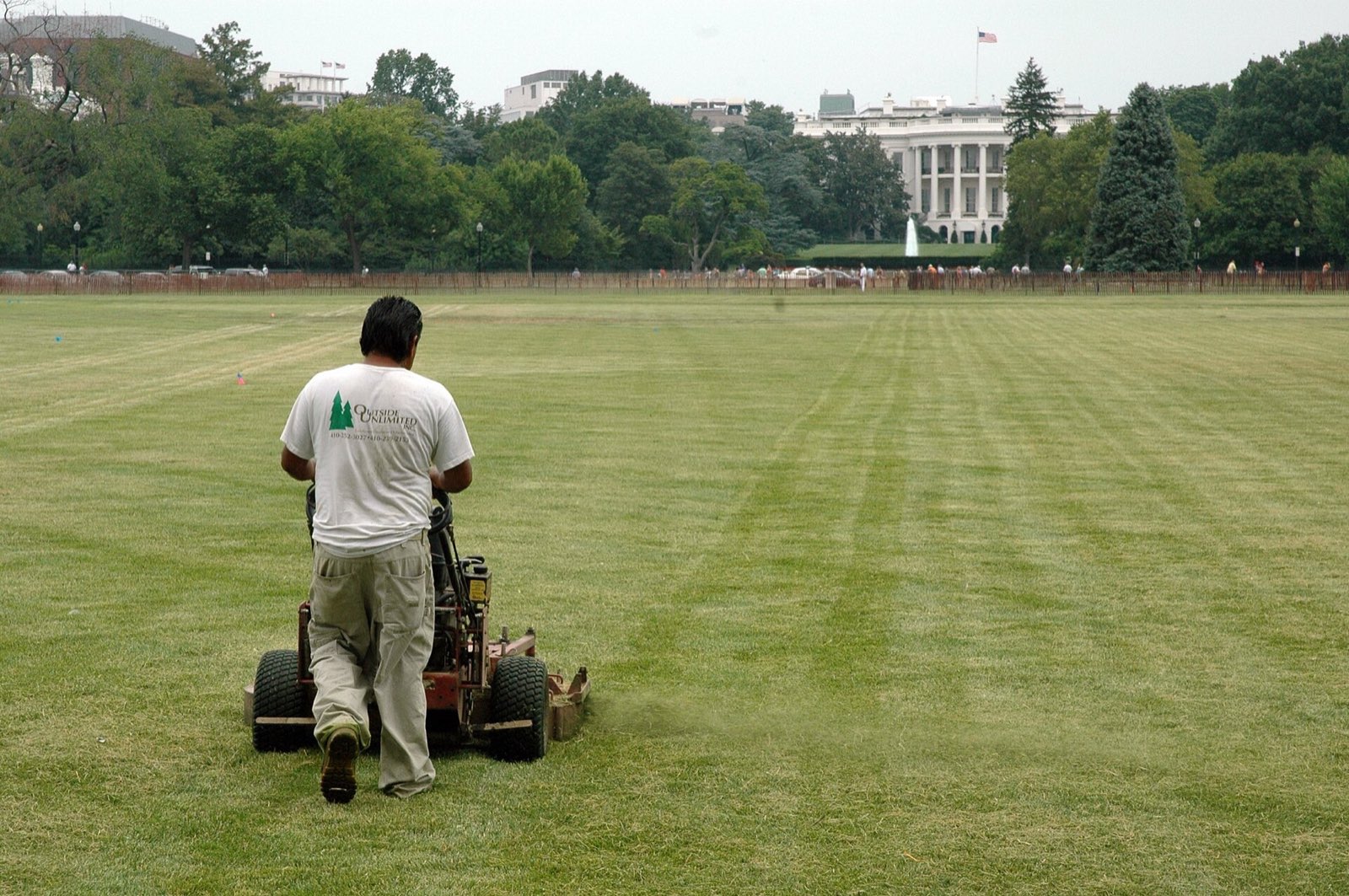 Crew member mowing a large lawn in summer